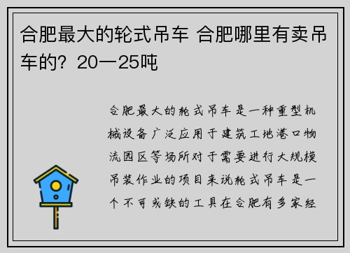 合肥最大的轮式吊车 合肥哪里有卖吊车的？20一25吨